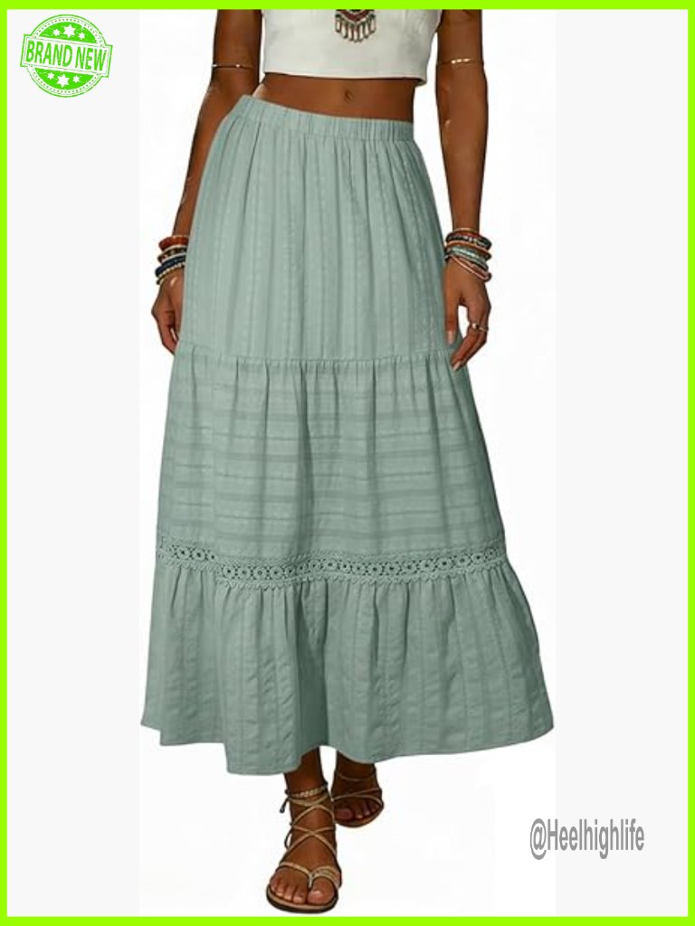 Boho Crochet Lace Tiered High Waisted Cotton A-Line Flowy Maxi Skirt